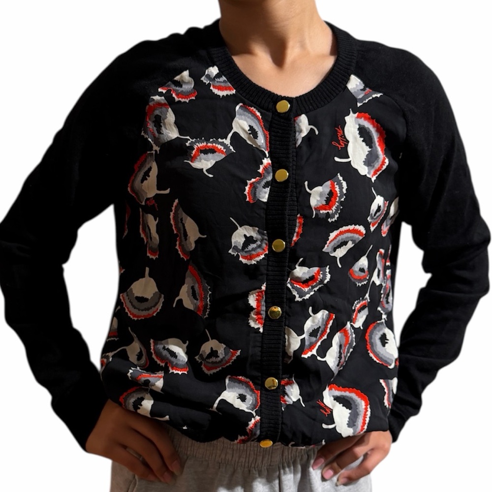 Milly Women Medium Merino Wool‎ Button Down Black Floral Blouse Top
